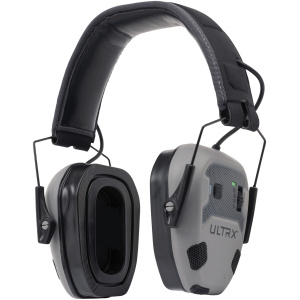 Noise-cancelling headphones with adjustable headband.