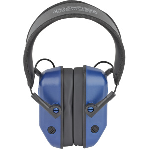 Blue noise-canceling earmuffs with black headband.
