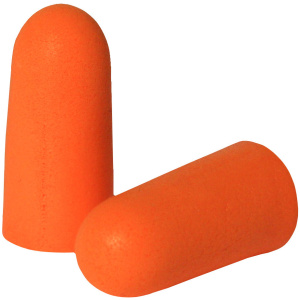 Orange foam earplugs on white background