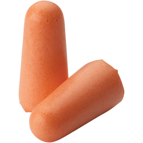 Pair of orange foam earplugs for noise reduction.