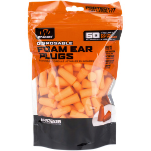 Orange foam ear plugs in a resealable bag.