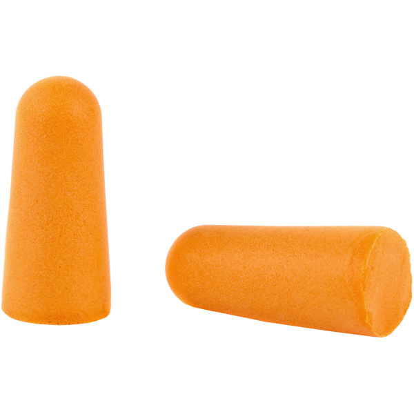 Pair of orange foam earplugs on white background.
