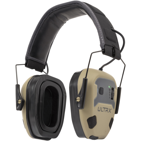 Protective earmuffs with padded headband for noise reduction.