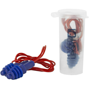 Blue ear plugs with red cord and clear case.