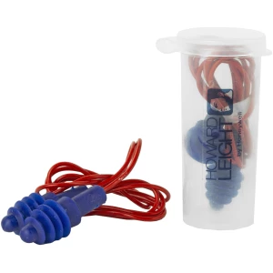 Blue ear plugs with red cord and clear case.