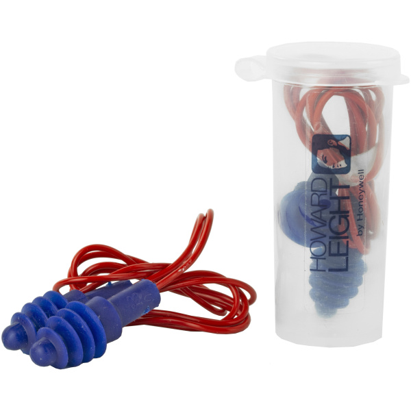 Blue ear plugs with red cord and clear case.