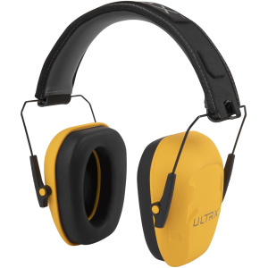 Yellow noise-canceling earmuffs with black padding.