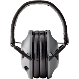 Gray soundproof headphones on white background.