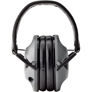 Gray soundproof headphones on white background.