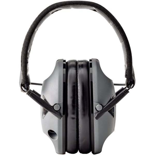 Gray soundproof headphones on white background.