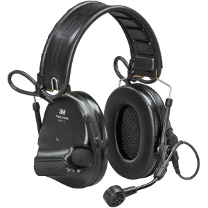 Heavy-duty communication headset with microphone and ear protection.