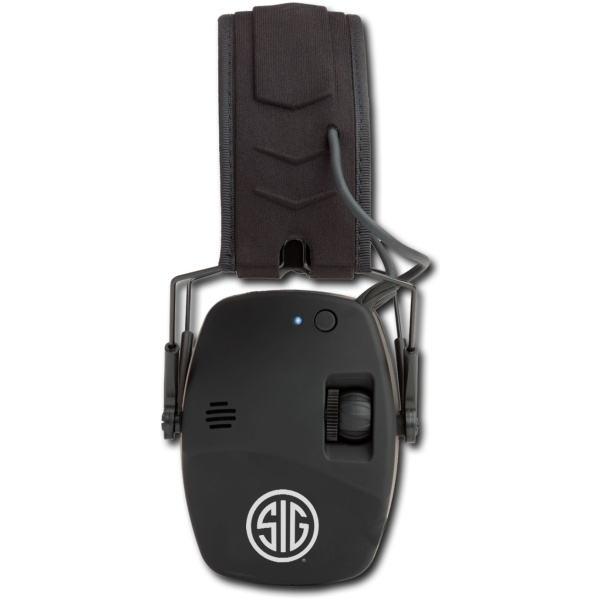 Black electronic earmuffs with logo front view.
