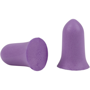 Purple foam earplugs on white background