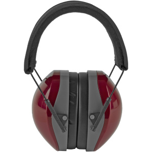Red noise-canceling earmuffs isolated on white background.