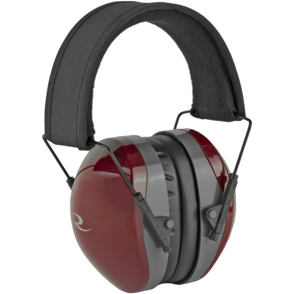 Red noise-canceling earmuffs with black headband