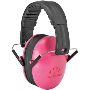 Pink noise-canceling earmuffs with black headband