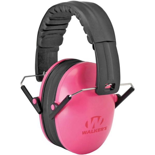 Pink noise-canceling earmuffs with black headband