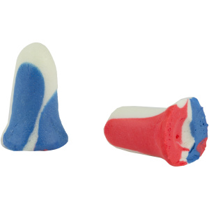 Colorful striped foam earplugs, red, white, blue.