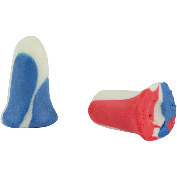 Colorful striped foam earplugs, red, white, blue.