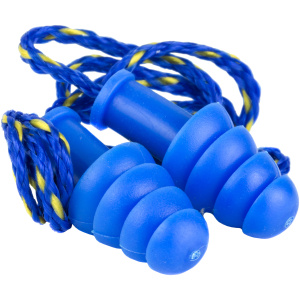 Blue earplugs with yellow-striped cord