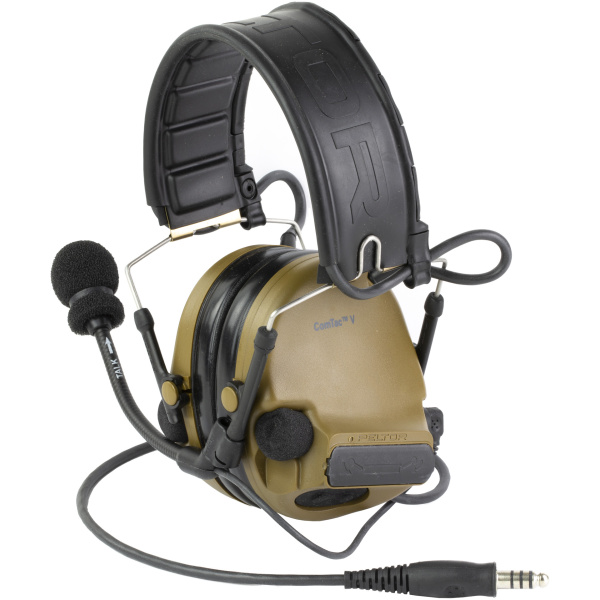 Tactical headset with microphone and audio cable.