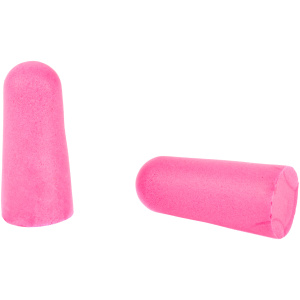 Pink foam earplugs on white background.