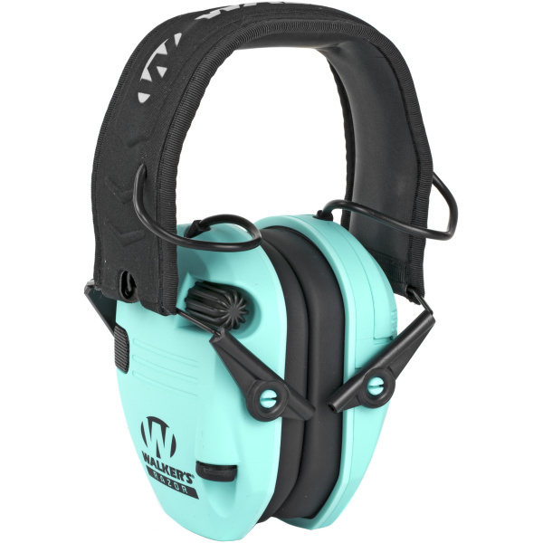 Teal noise-canceling earmuffs with black padding.