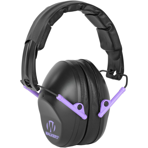 Black noise-canceling earmuffs with purple accents.