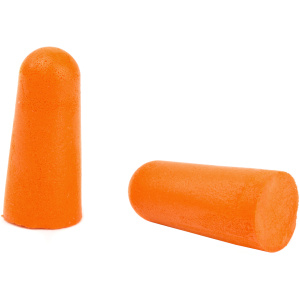 Orange foam earplugs for noise reduction.