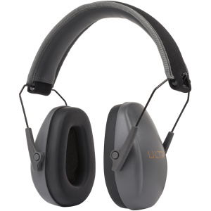 Gray noise-canceling earmuffs with adjustable headband