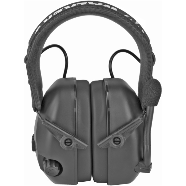 Black electronic earmuffs with microphone attachment