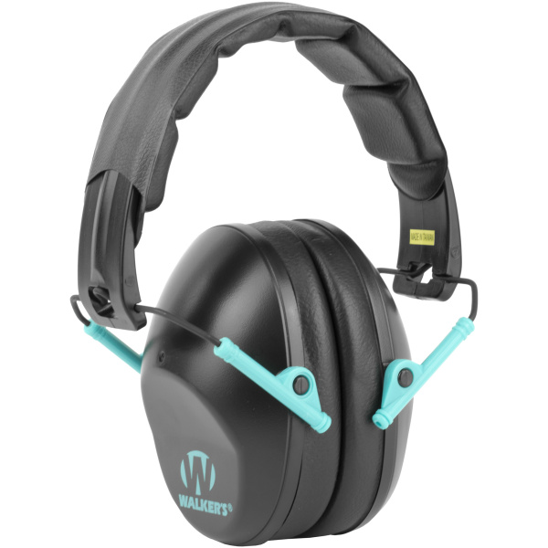 Noise-canceling earmuffs with teal and black design.