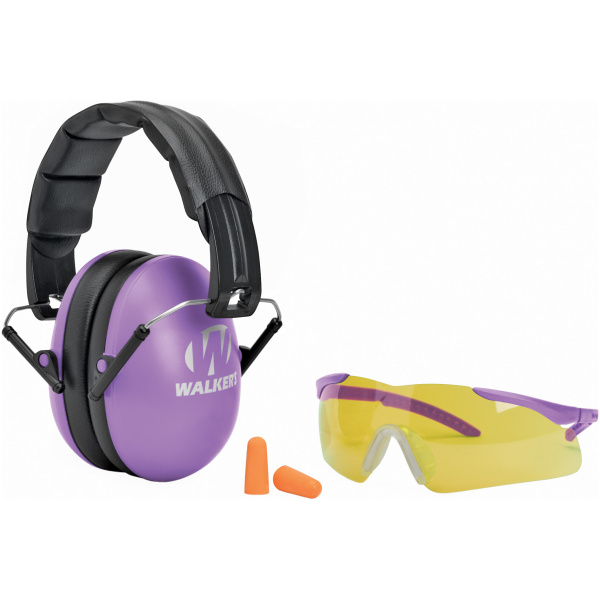 Purple earmuffs, yellow glasses, orange earplugs for safety