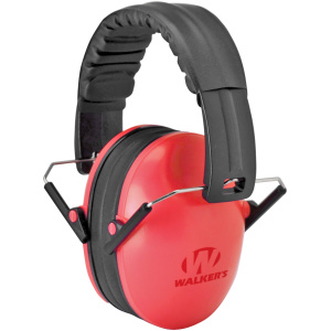 Red noise-canceling earmuffs with black headband.