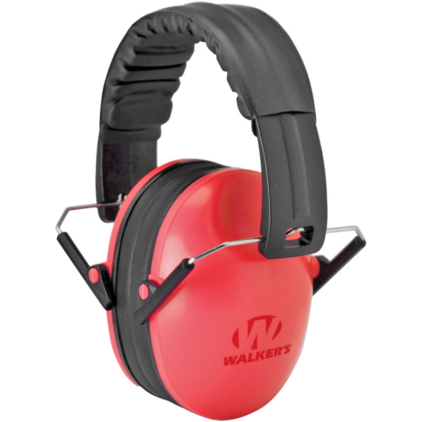 Red noise-canceling earmuffs with black headband.