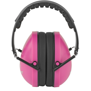 Bright pink noise-canceling earmuffs with black padding.