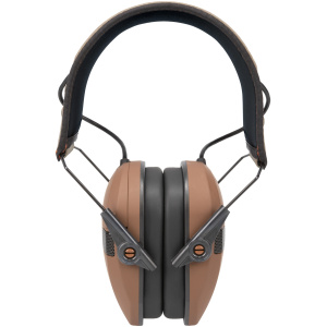 Brown and gray protective earmuffs with black padding.