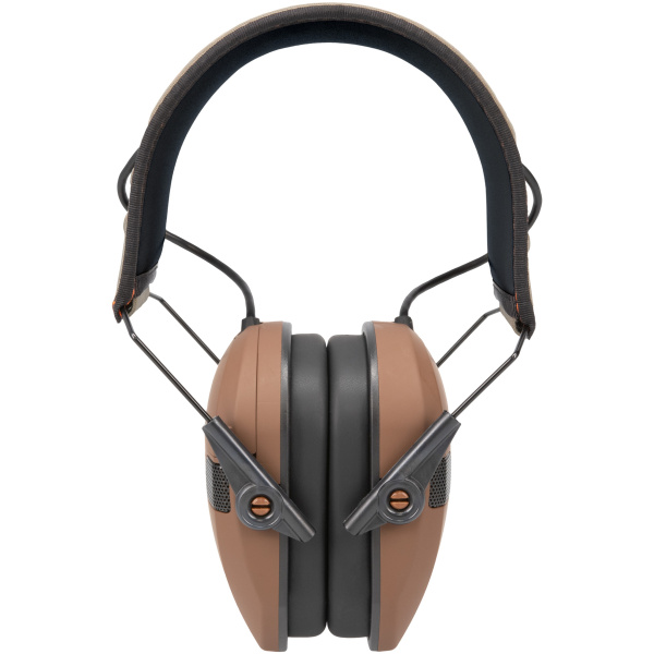 Brown and gray protective earmuffs with black padding.