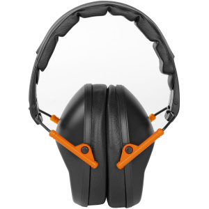 Black and orange noise-canceling headphones.