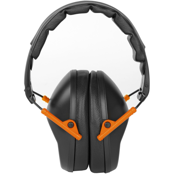 Black and orange noise-canceling headphones.