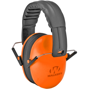 Orange earmuffs with black headband for hearing protection.