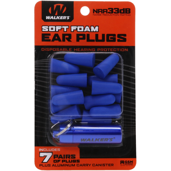 Walker's blue ear plugs, 7 pairs with canister
