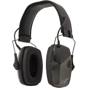 Black noise-cancelling earmuffs with adjustable headband.