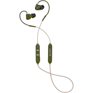 Green earphones with control buttons and cable.