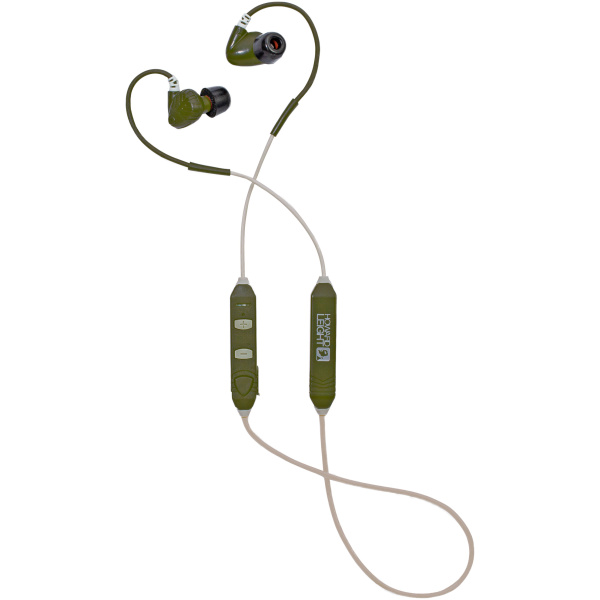 Green earphones with control buttons and cable.