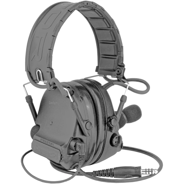 Tactical communication headset with microphone and wiring.