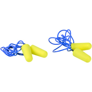 Yellow earplugs with blue cords, pair.