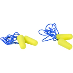 Yellow earplugs with blue cords, pair.