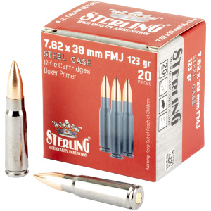 Sterling 7.62x39mm ammunition box and cartridges.