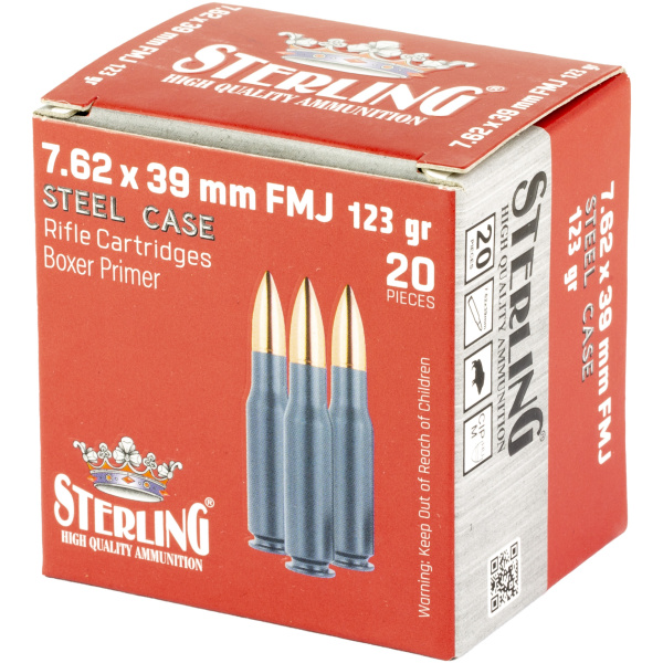 Sterling 7.62x39mm FMJ ammunition box, 20 rounds.